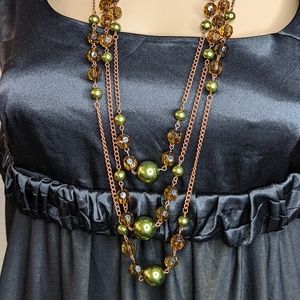 Vintage Necklace Copper Color Triple Strand Chain Amber Green Beads 30-33 Inches